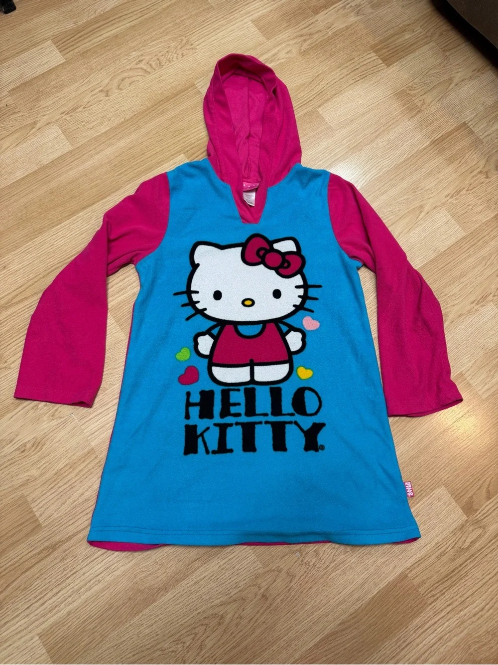 Hello Kitty Girls Pink Blue Fleece Hooded Nightgown Sleepwear Size 12
